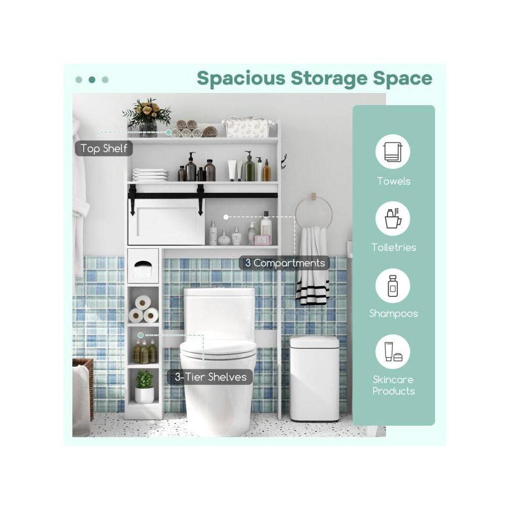 Boyel Living 32 in. W x 62 in. H x 7.5 in. D White Over The Toilet Storage with Sliding Barn Door and Adjustable Shelves (3)
