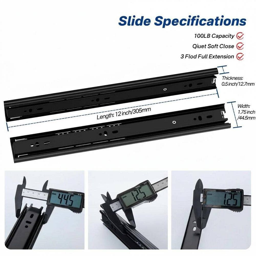 LAIFUCAM Full Extension 12 in. Side Mount Ball Bearing Heavy Duty Steel Drawer Slides 1 Pair for Cabinet, Tool Box (3)
