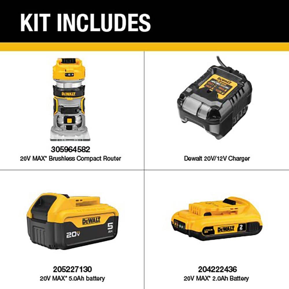 DEWALT 20V MAX XR Lithium-Ion Cordless Brushless Fixed Base Compact Router with 20V MAX 5.0 Ah and 2.0 Ah Batteries and Charger (2)
