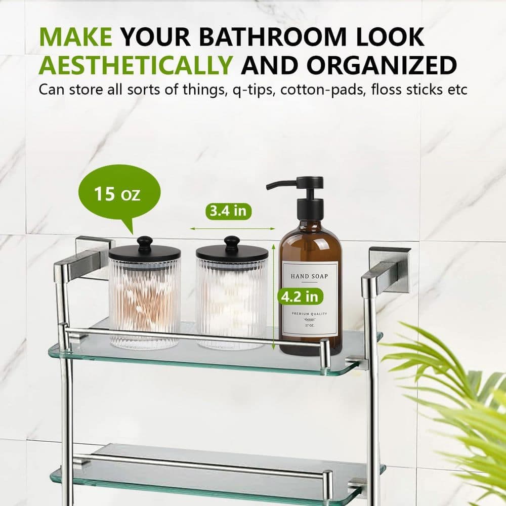 Wudkey 3-Pack Glass Bathroom Storage Jars with Black Lids and Tray, Qtip Holder Dispenser Set, Bathroom Vanity Organizers (2)