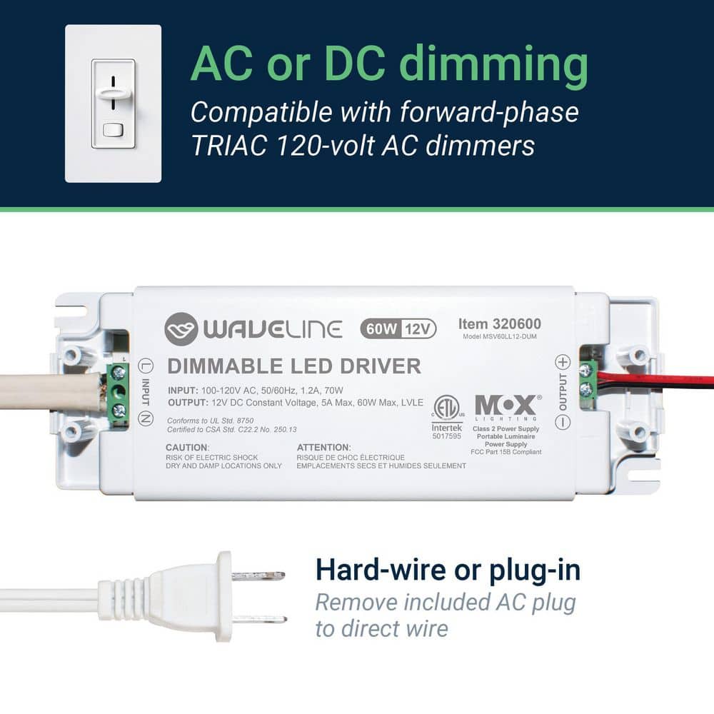 WAVELINE POWER WaveLine White Dimmable Driver Power Supply, TRIAC Dimmer Switch Compatible for LED Lighting-12V, 60W (2)