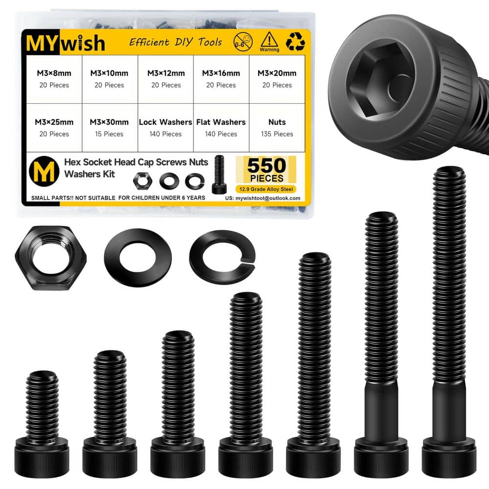MYWISH 550-Piece M3 Internal Hex Socket Head Cap Screws, Nuts and Washers Assortment Kit, Metric Hex Drive Bolt Set (1)