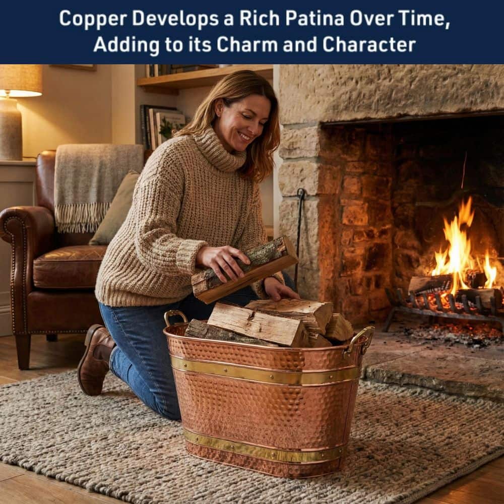 KINGS COUNTY TOOLS 33QT Copper Metal Tub for Indoor Firewood Storage, Ash Bucket, Outdoor Ice Bucket, Laundry Basket, & Living Room Storage (2)