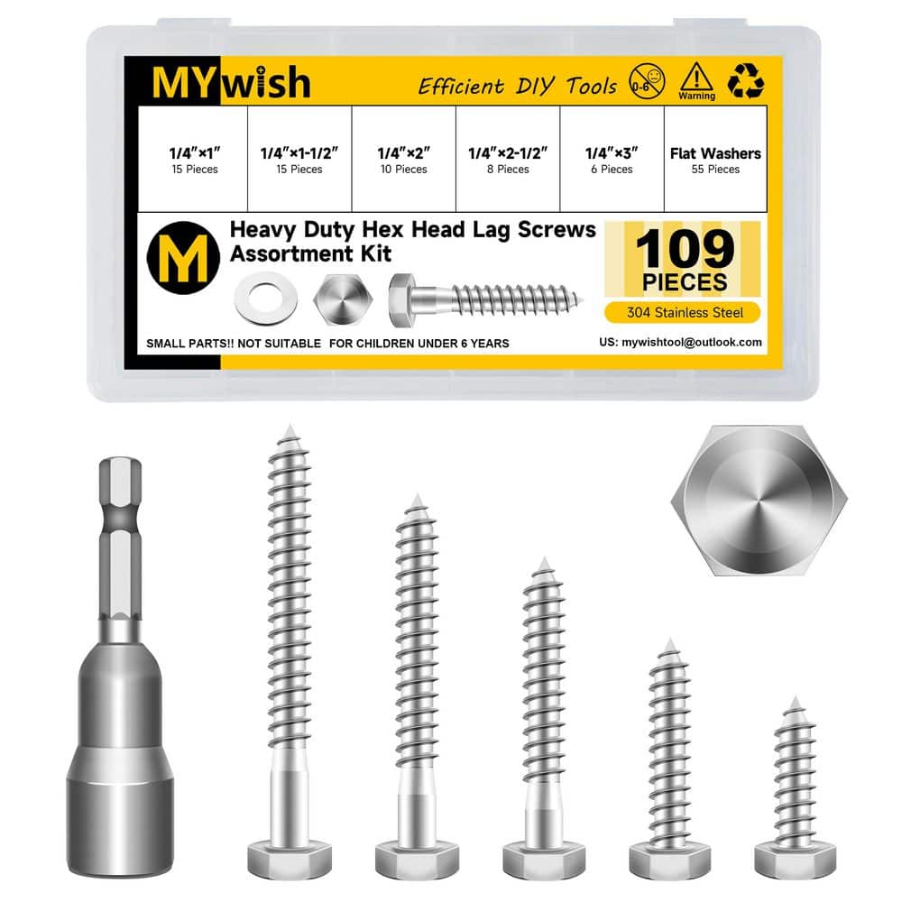 MYWISH 1/4 in. Hex Head Lag Screw Kit (109-Piece), 304-Stainless Steel with Washers for Deck and Outdoor Wood Construction