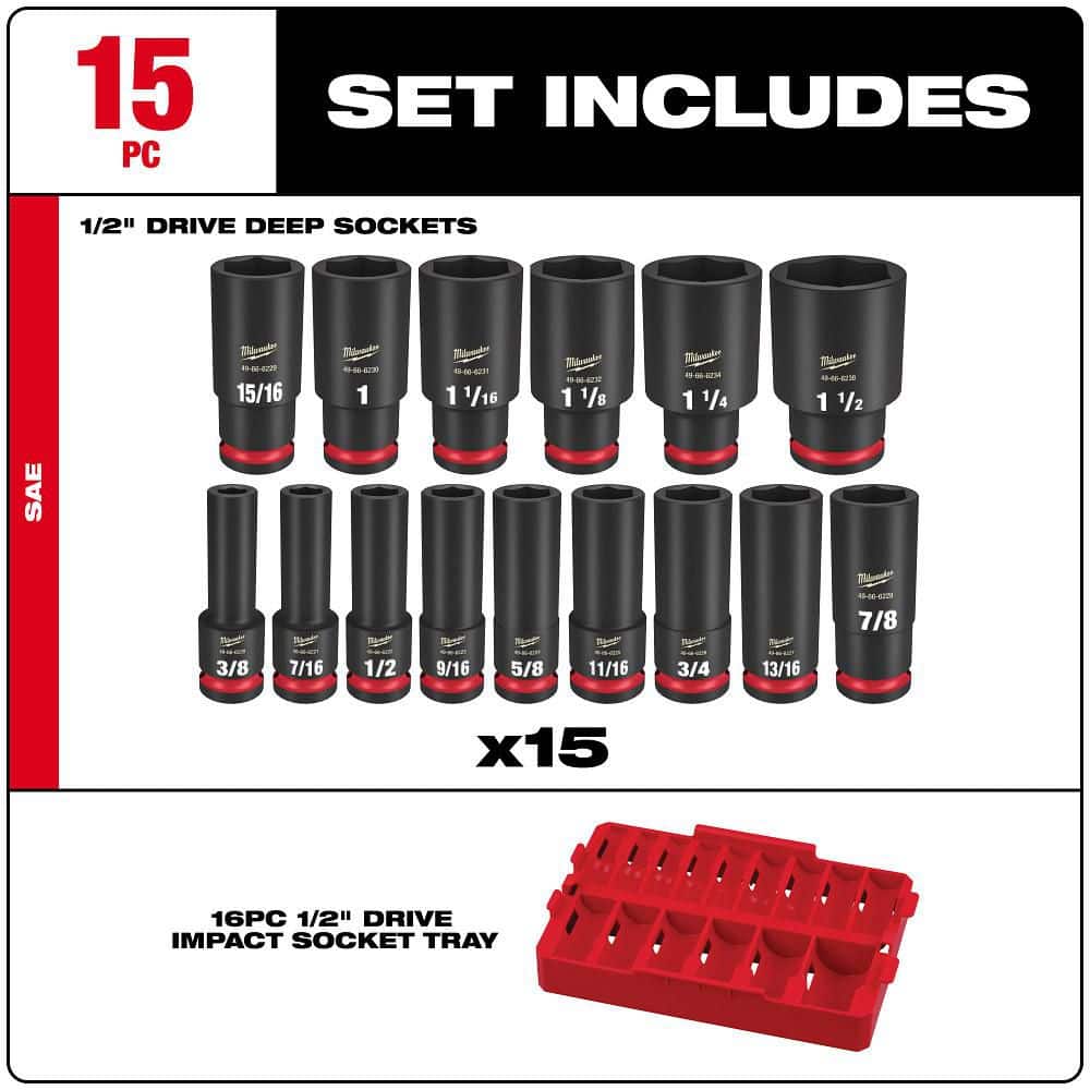 Milwaukee SHOCKWAVE Impact-Duty 1/2 in. Drive SAE Deep Well Impact Socket Set (15-Piece) (3)