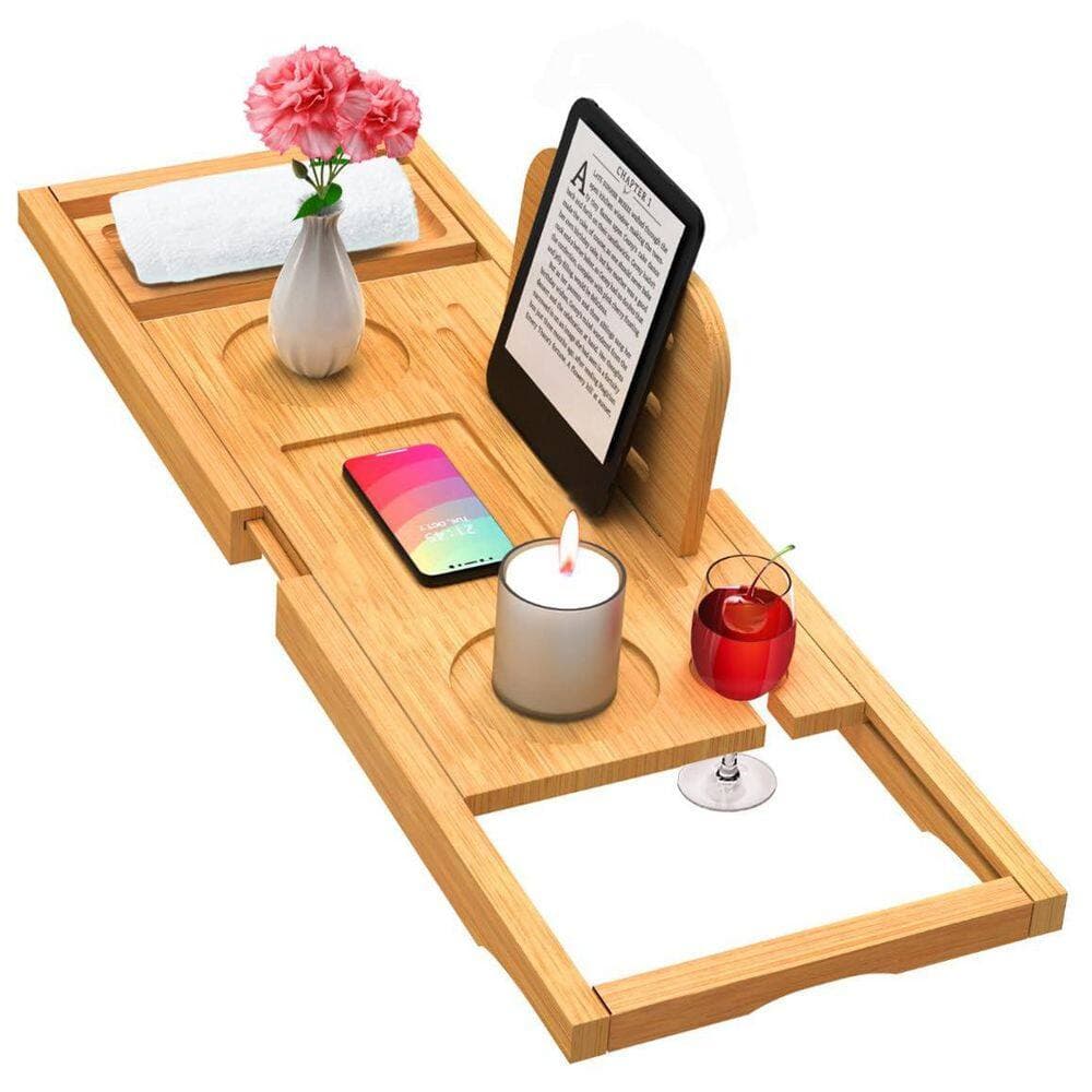 Wudkey Bamboo Bathtub Tray Caddy, Expandable Bath Tub Tray Table, Brown Storage Organizer, Sturdy Water Resistant Shelf (3)