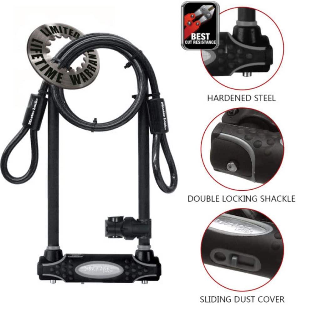 Master Lock 6 in. (15cm) Wide Hardened Steel U-Lock w/ 11 in.(28cm) Shackle Clearance; 4 ft.(1. 2m)x 3/8 in. (10mm) Looped-End Cable (2)