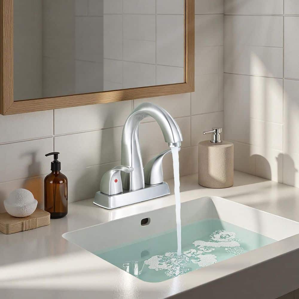 WOWOW 4 in. Center Set Double-Handle Bathroom Faucet, High-Arc Bathroom Sink Faucet with Pop Up Drain in Brushed Nickel (2)