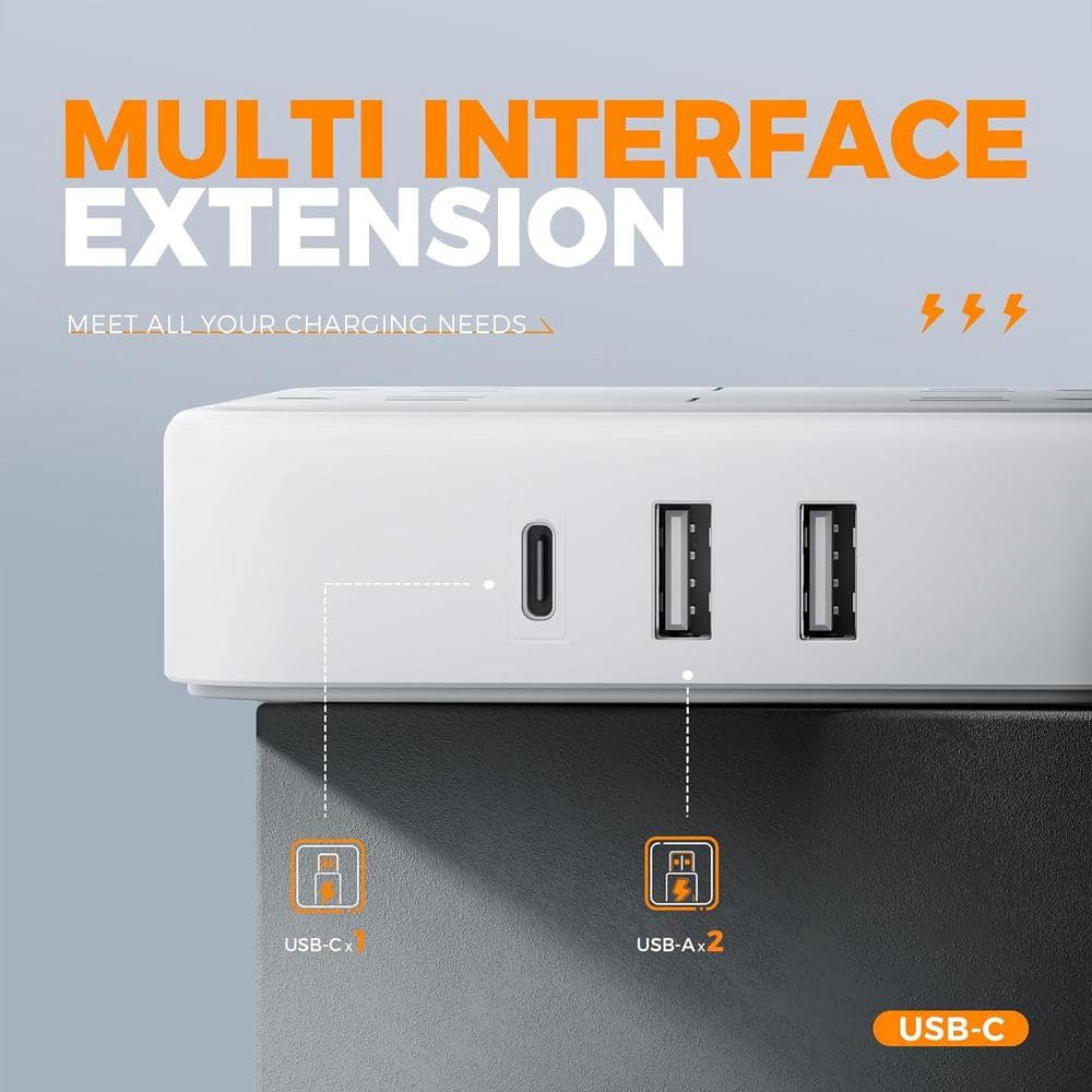 Lukyamzn 5 ft. Flat Plug Ultra Thin Extension Cord Power Strip 4-Outlets Surge Protector in White with 2 USB and 1 Type C Ports (3)
