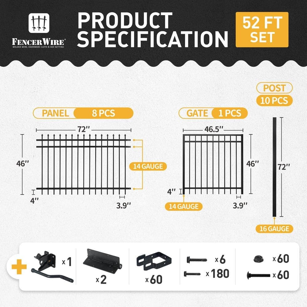 Fencer Wire 4 ft. x 6 ft. Heavy-Duty Spaced Bar Pointed Pinnacle Metal Fence Panel with Flat Top Fence Gate(Set of 52 ft.) (3)