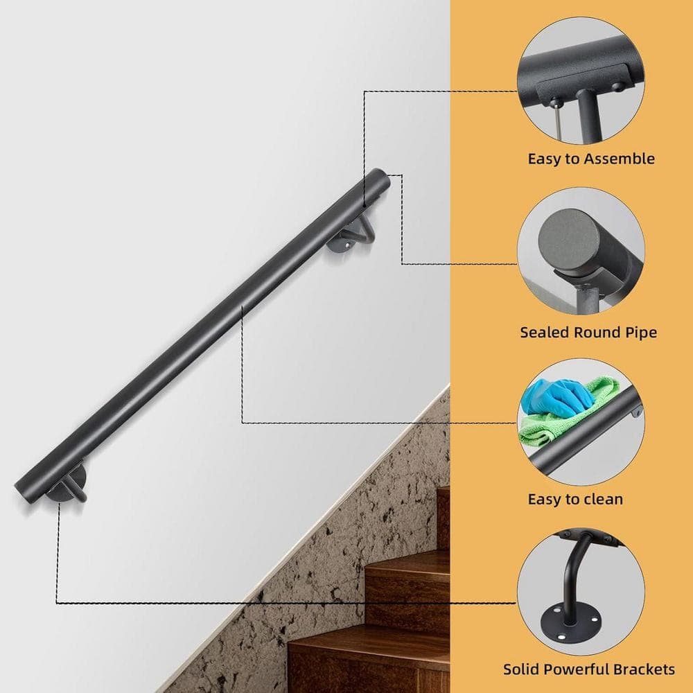 Afoxsos 24 Inch Metal Stair Handrail Indoor Outdoor Square Pipe Wall Mount Rail for Porch Patio Steps Iron Banister Railing (3)