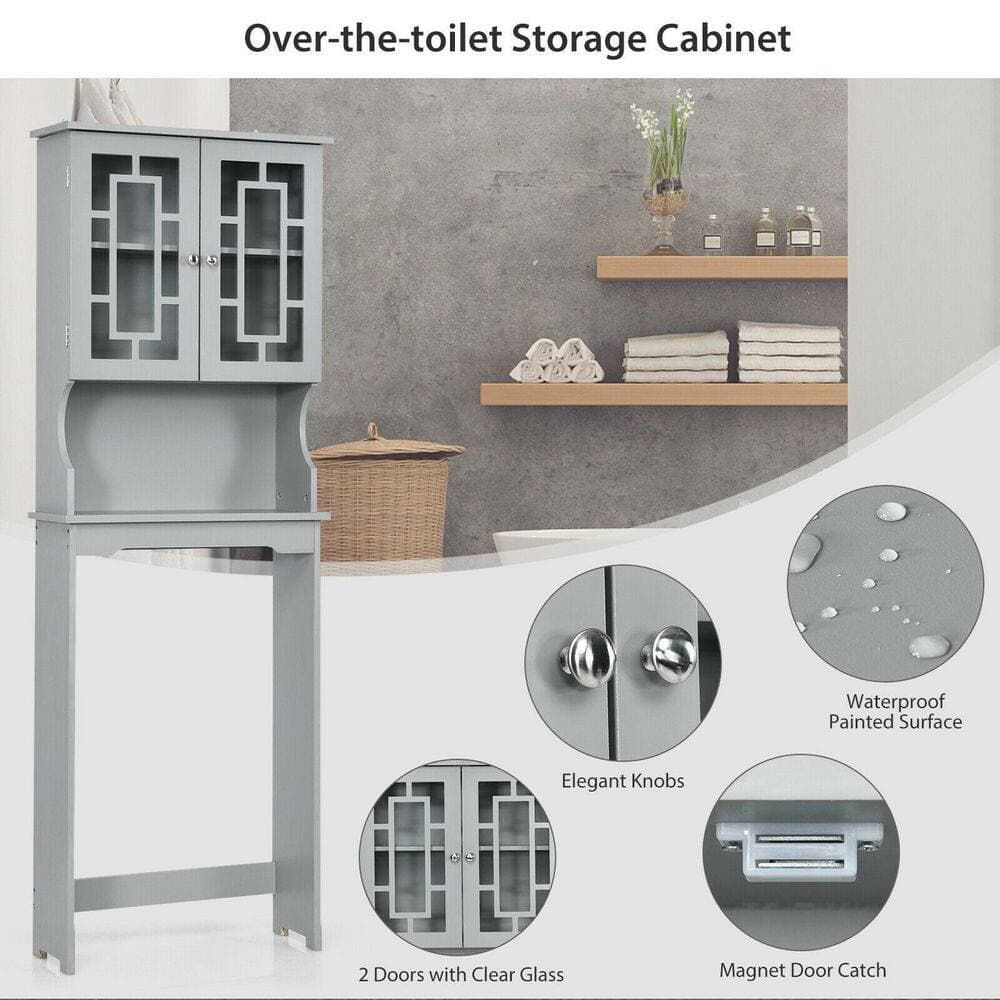 ANGELES HOME 23.5 W x 8.5 in. D x 67 in. H Grey Bathroom Storage Wall Over-the-Toilet Cabinet with Glass Doors and Adjustable Shelf (2)