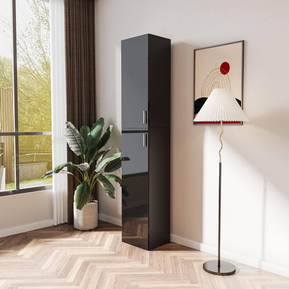 YSQCAR 13.5 in. W x 11.8 in. D x 74.8 in. H Black MDF Freestanding Linen Cabinet with Door, Adjustable Shelf (3)