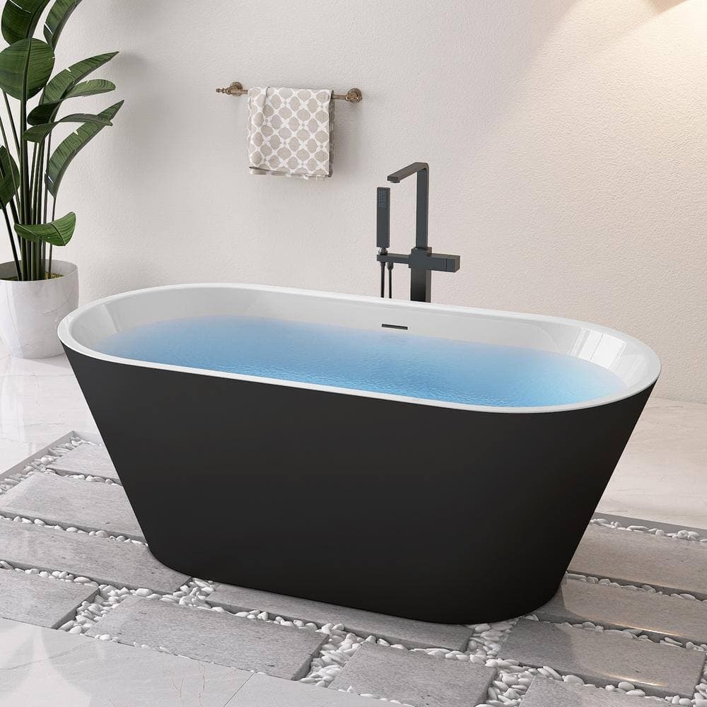 NTQ 59 in. x 29.5 in. Acrylic Oval Freestanding Deep Soaking Bathtub Free Standing Bath Tub with Chrome Drain in Matte Black (3)