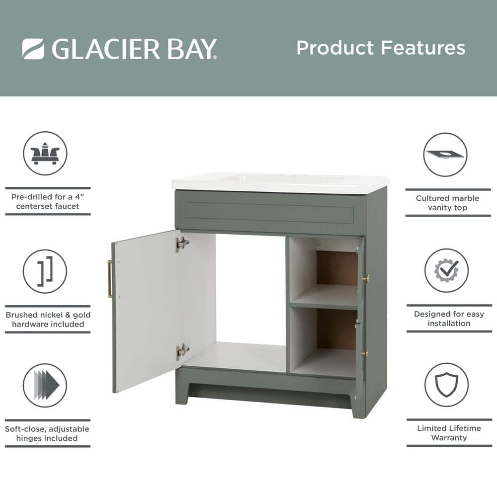 Glacier Bay Chasbury 31 in. Single Sink Palm Green Freestanding Bath Vanity with White Cultured Marble Top (Assembled) (4)