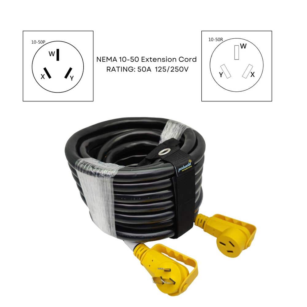 parkworld 50 ft. 6/3 Heavy Duty 50 Amp Outdoor NEMA 10-50 Range/EV Extension Cord with Handle and Lighted End, Black (3)