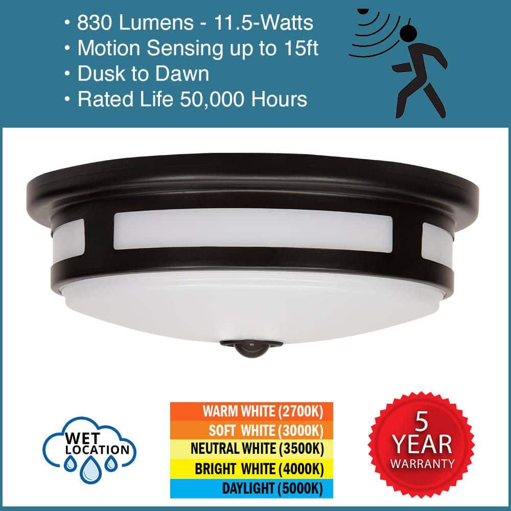 Hampton Bay Greenhaven 11 in. 1-Light Black Motion Sensing LED Outdoor Flush Mount Light Color Selectable Ceiling Light 830 Lumens (4)