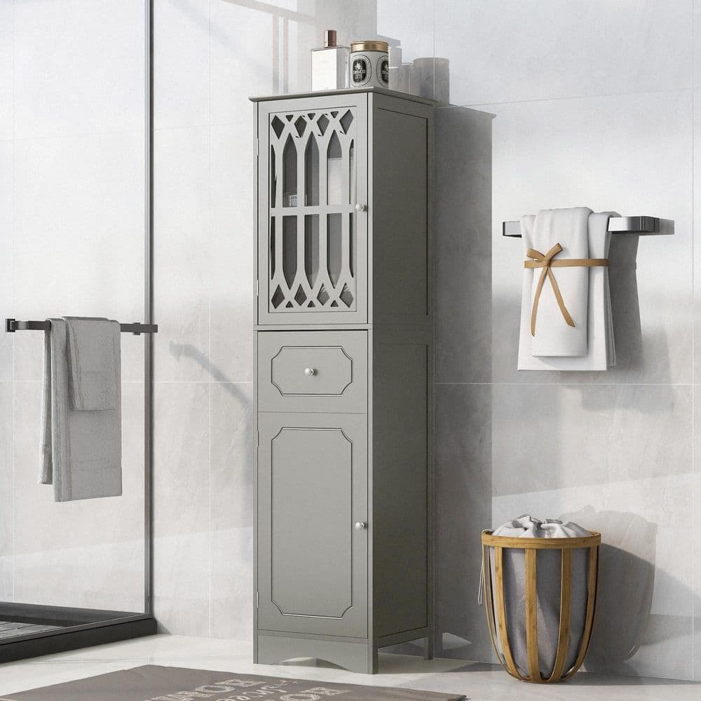 Timussi 17 in. W x 14 in. D x 64 in. H Gray MDF Linen Cabinet with Drawer and Door in Gray (1)