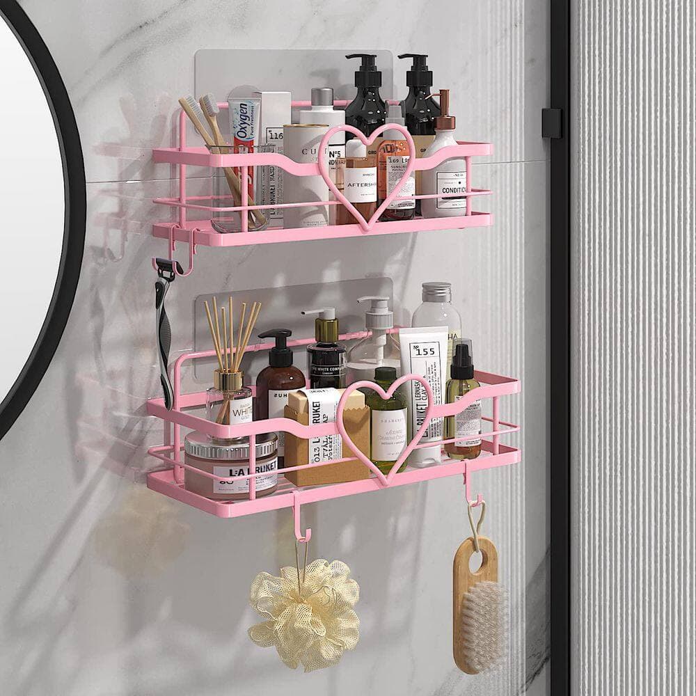 NVNOO 13 in. x 5 in. x 3 in. Sweet Heart Shower Shelves with 4 Removable Hooks for Bathroom Shower and Kitchen, Pink (2-Pack) (2)