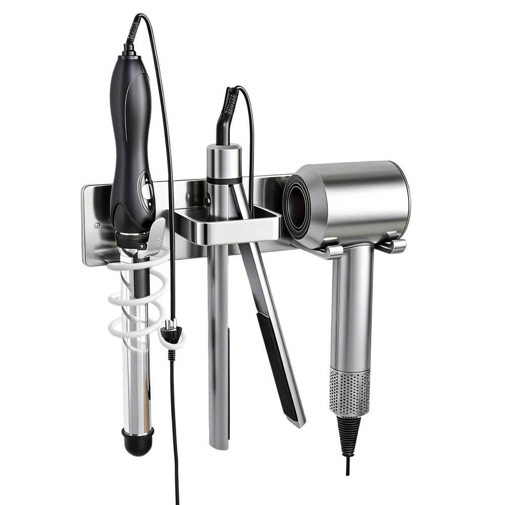 Numhew Wall Mount Bathroom Hair Tool Organizer with Curling Iron Holder, Blow Dryer Holder and Flat Iron Holder, Silver