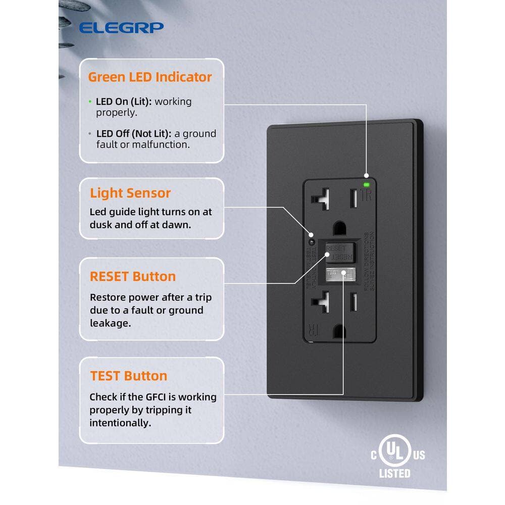 ELEGRP GFCI Outlet with Night Light, 125V Tamper Resistant Duplex wall outlet, Wall Plate included, Matte PC (4)