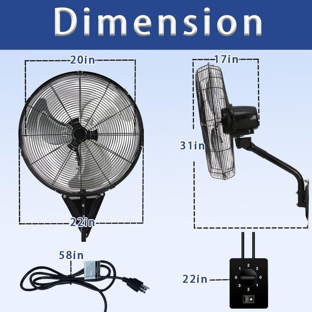 WOCK 20 in. Wall Mount Fan in Black, 3-Speed ​​7000 CFM, 120° Oscillating, ETL Listed for Garage, Warehouse, Commercial Use (3)