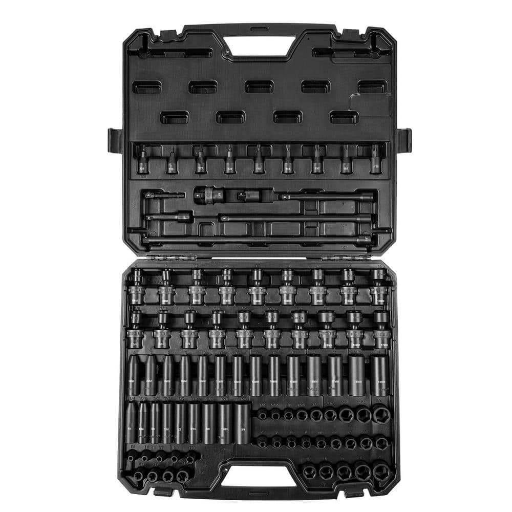 SKYSHALO 3/8 in. Drive Impact Socket Set, SAE 1/4 in.-3/4 in. and Metric 6-19mm Socket Set, 6 Point Cr-Mo Alloy Steel, (90-Piece)