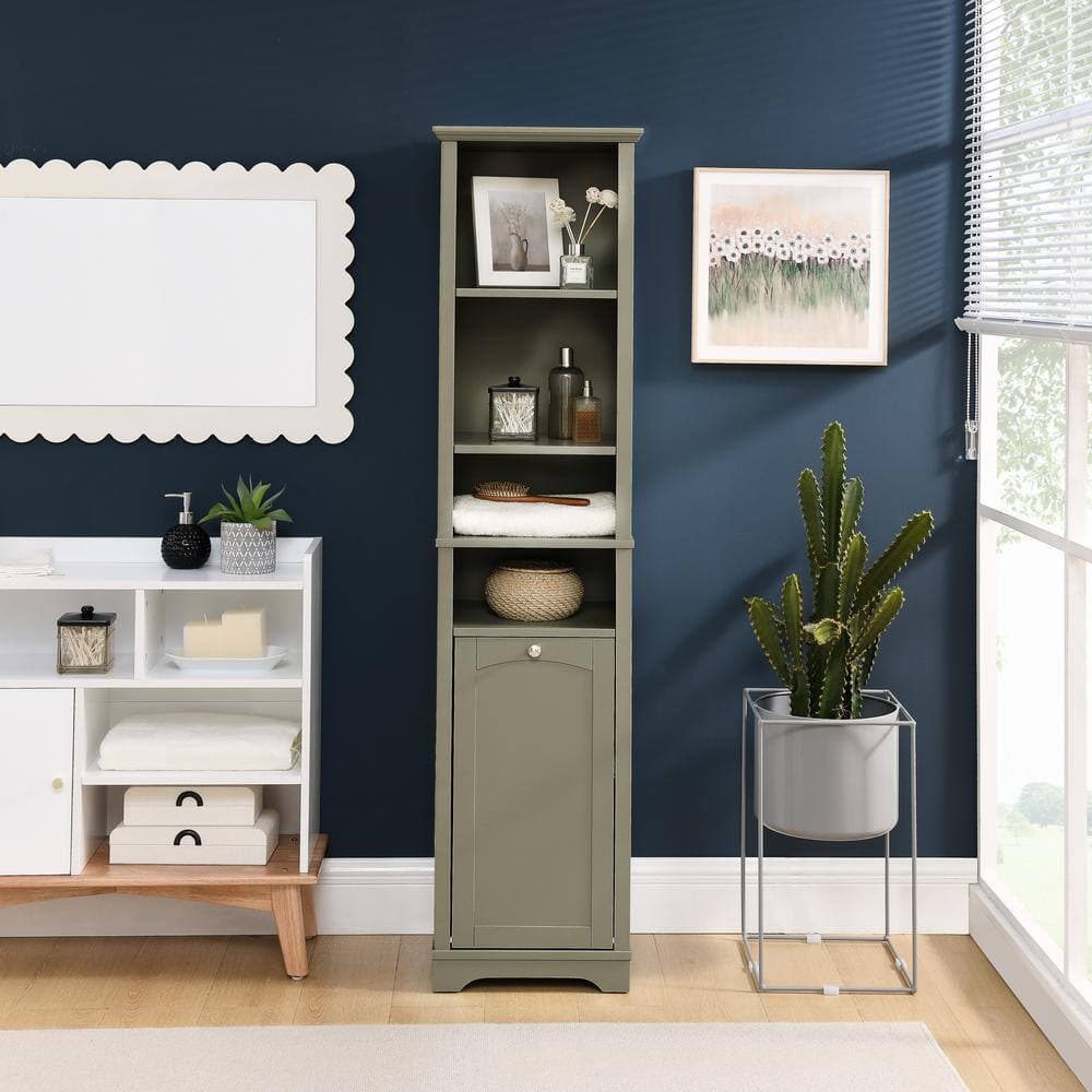YSQCAR 16 in. W x 14 in. D x 64 in. H Gray MDF Freestanding Linen Cabinet with Adjustable Shelves and Laundry Hamper (2)