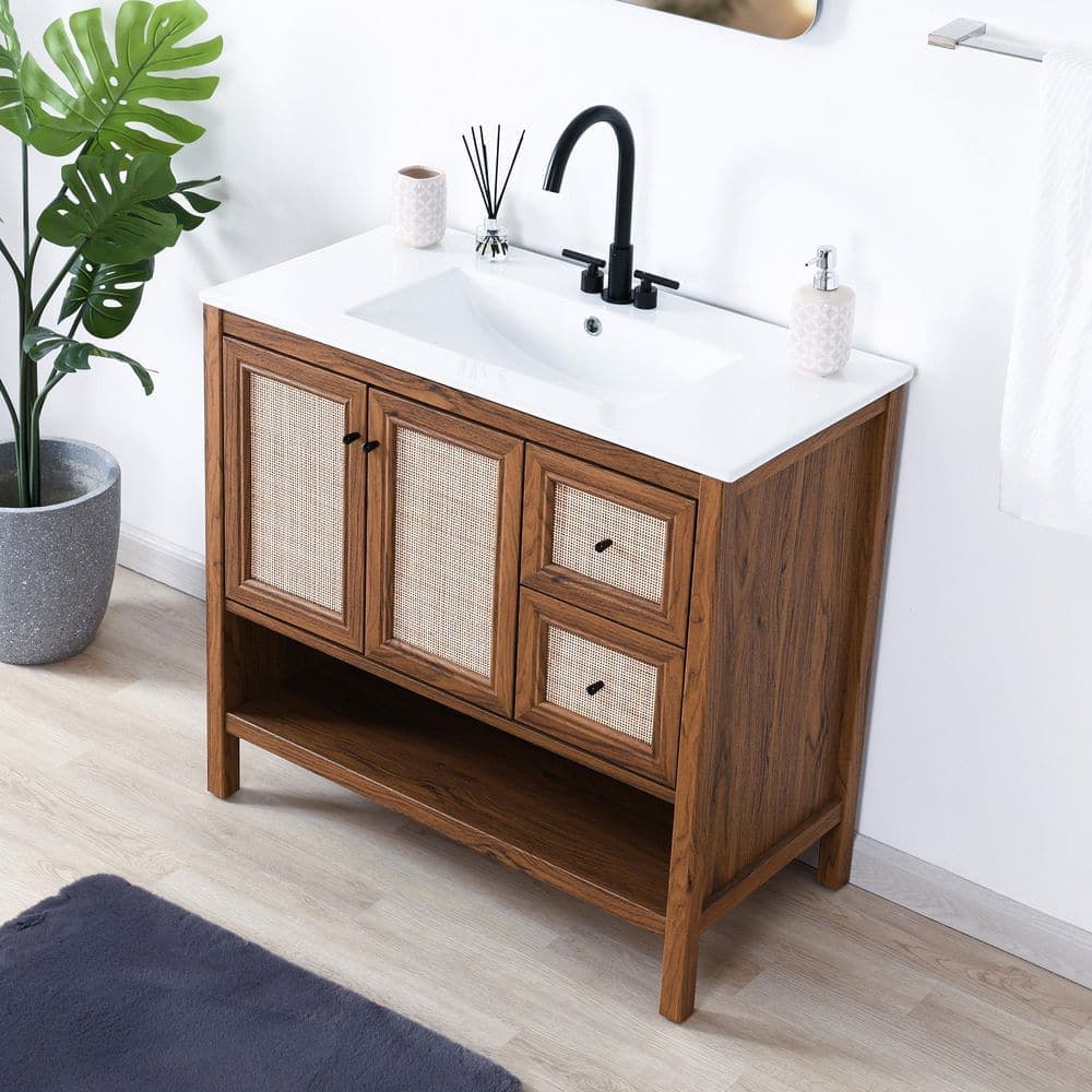 JONATHAN Y Jasper 36 in. W 18 in. D 33 in. H Rattan Modern Coastal 2-Shelf Bath Vanity Cabinet without Top (3)