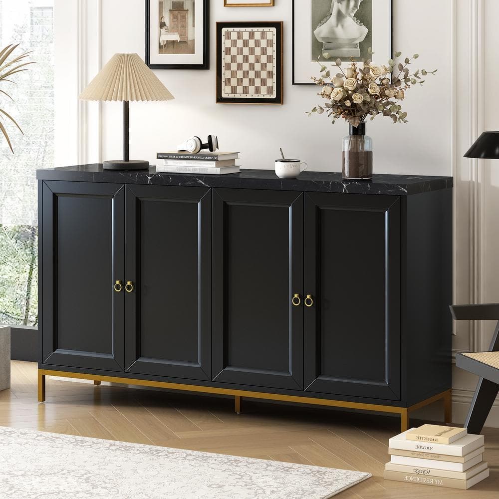 COWLOWN 59.30 in. W x 15.50 in. D x 34.20 in. H Black Linen Cabinet with Metal Handles and Support Legs (2)