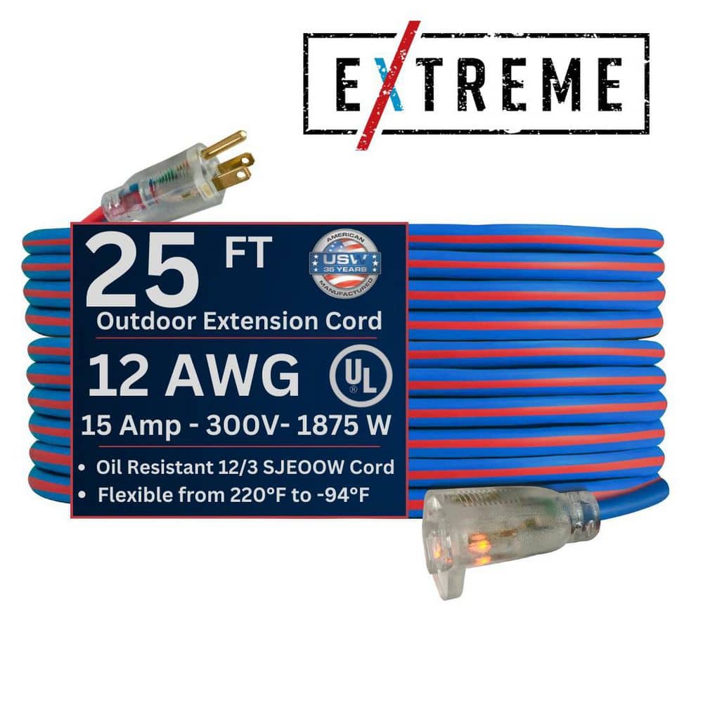 US Wire and Cable Extreme 25 ft. 12 / 3 Cold Weather Indoor/Outdoor Extension Cord with Lighted End, Blue (2)