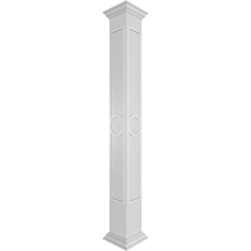 Ekena Millwork 7-5/8 in. x 8 ft. Premium Square Non-Tapered Arts and Crafts Fretwork PVC Column Wrap Kit with Crown Capital and Base (1)