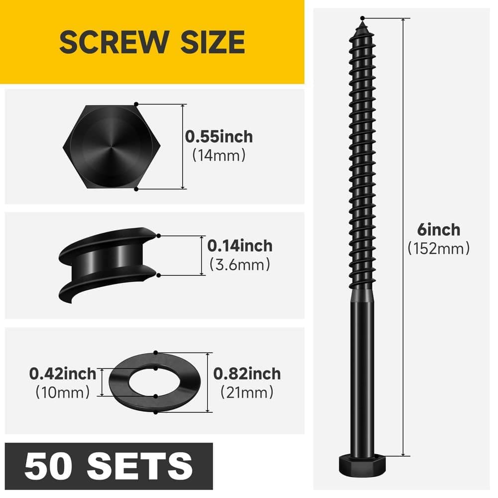 MYWISH 3/8 in. x 6 in. Stainless Steel Hex Drive Hex Head Lag Screws, Black Oxide (50-Pack) (2)