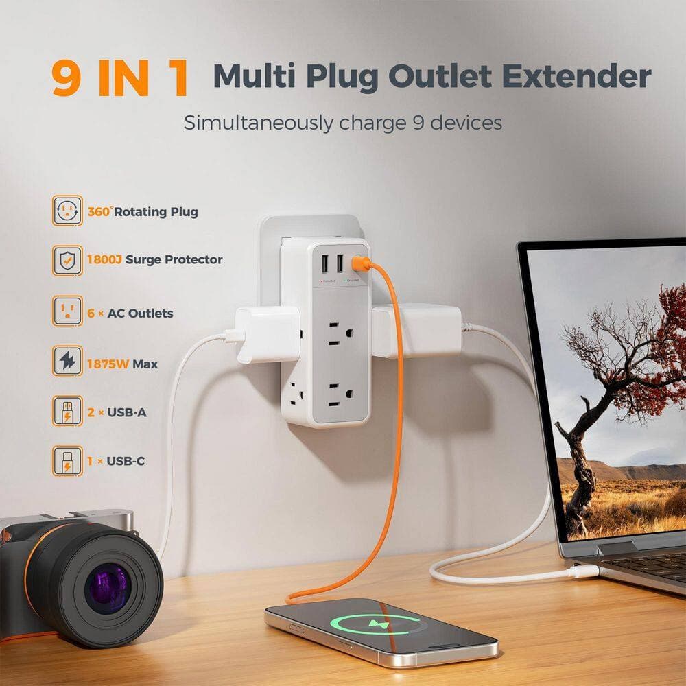 Helhom Multi Plug Wall Outlet Splitter with 360 Rotating Plug, 3 Sided Wall Socket Expander for Home, Office (2)