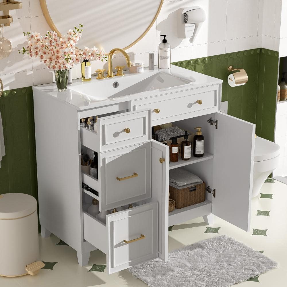 Flynama 36" Bathroom Vanity With Ceramic Sink, Multi-Layer Drawers & Soft Close Doors, Adjustable Shelves (2)