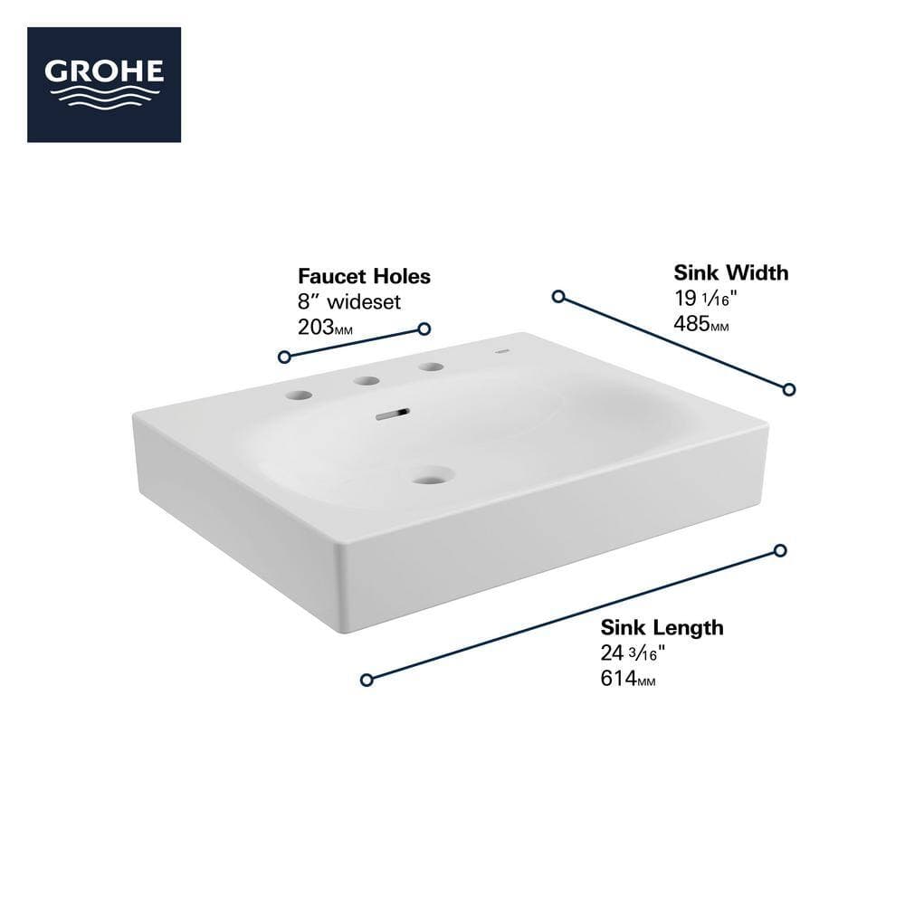 GROHE Eurocube 24.2 in. x 19.0625 in. Wall Mounted Bathroom Sink 8 in. Widespread in Alpine White Fireclay (3)