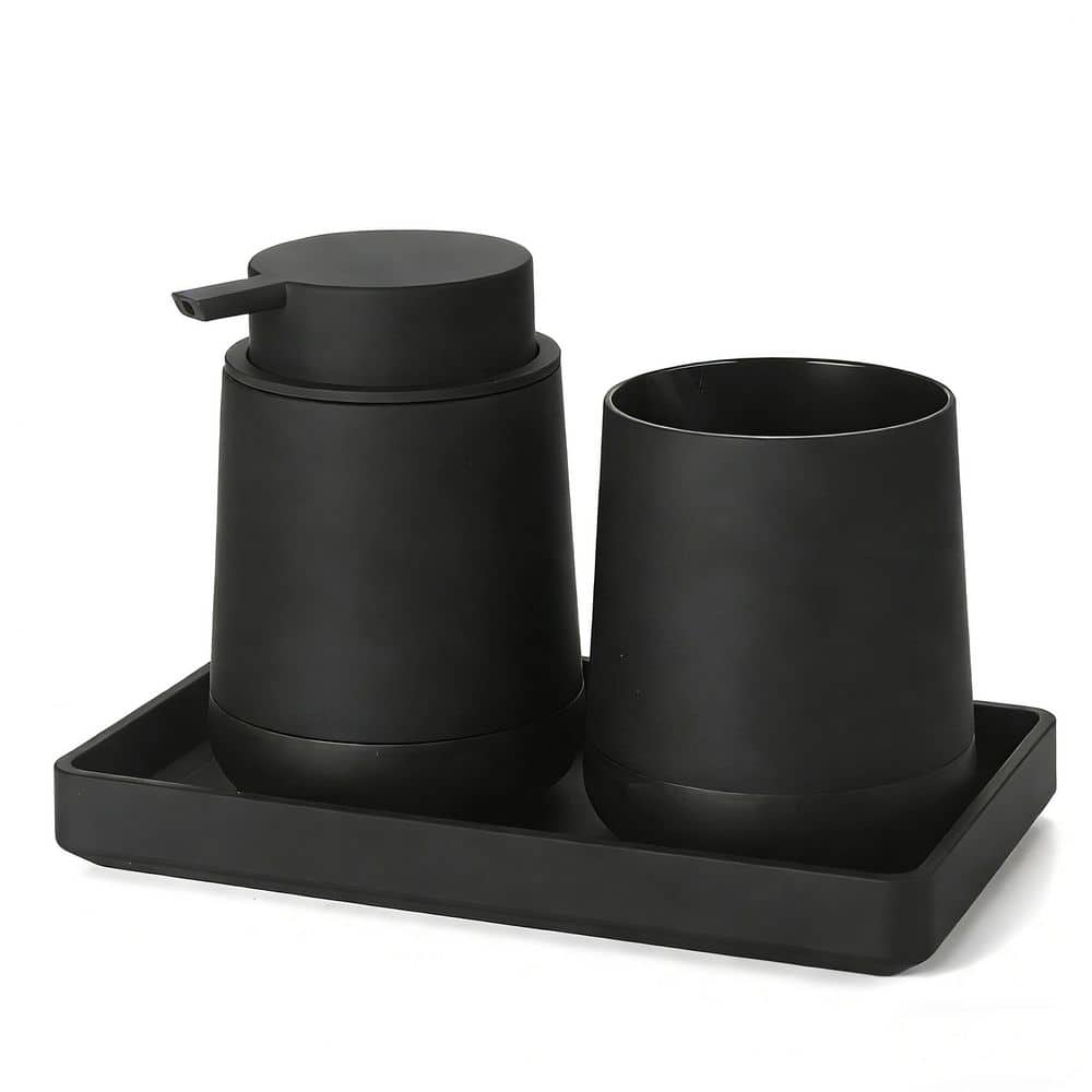 Wudkey 3-Piece Bath Accessory Set with Toothbrush Holder, Soap Dispenser, Vanity Tray in Black (1)