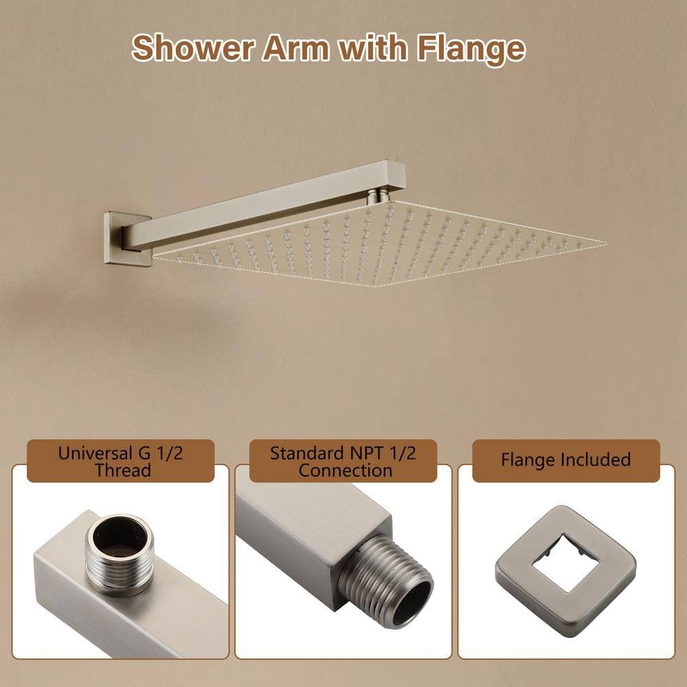 CASAINC 16 in. Square Wall Mount Standard Shower Arm and Flange, Brushed Nickel (3)