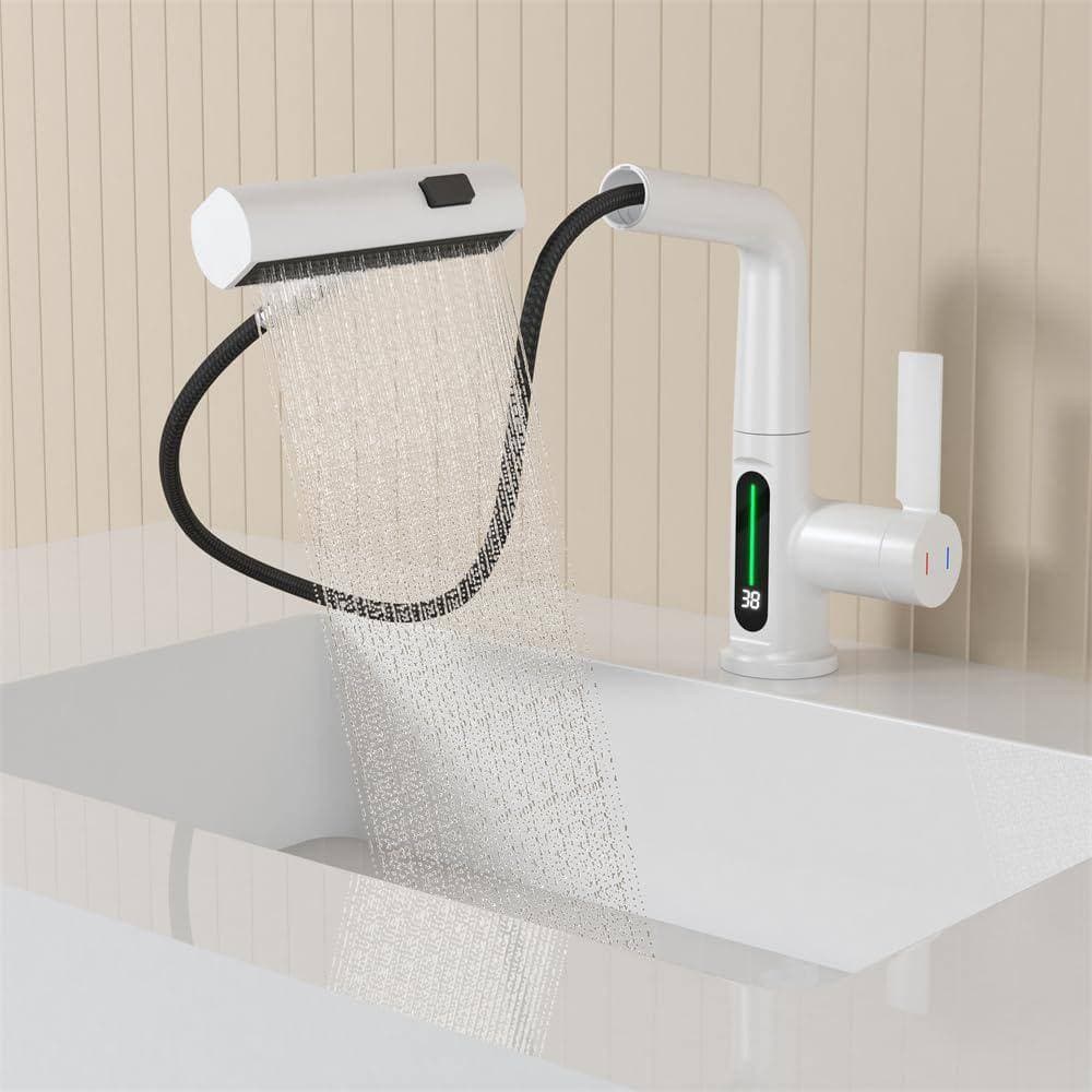 Unbranded Bath Accessory Set in White Pull-Out Lift LED Temperature Digital Display Bathroom Basin Faucet, Single Handle 360° (2)