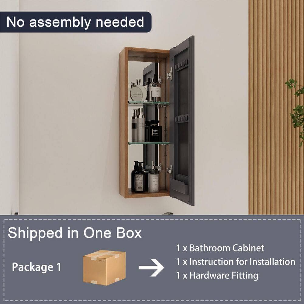 Buruis 9.8 in. W x 5.9 in. D x 27.6 in. H Bathroom Storage Wall Cabinet in Brown with Mirror Door and Adjustable Glass Shelves (3)