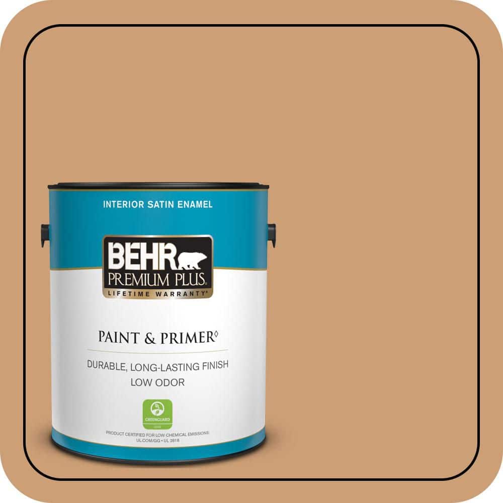 BEHR PREMIUM PLUS 1 gal. #S250-4 Fresh Croissant Satin Enamel Low Odor Interior Paint & Primer (1)