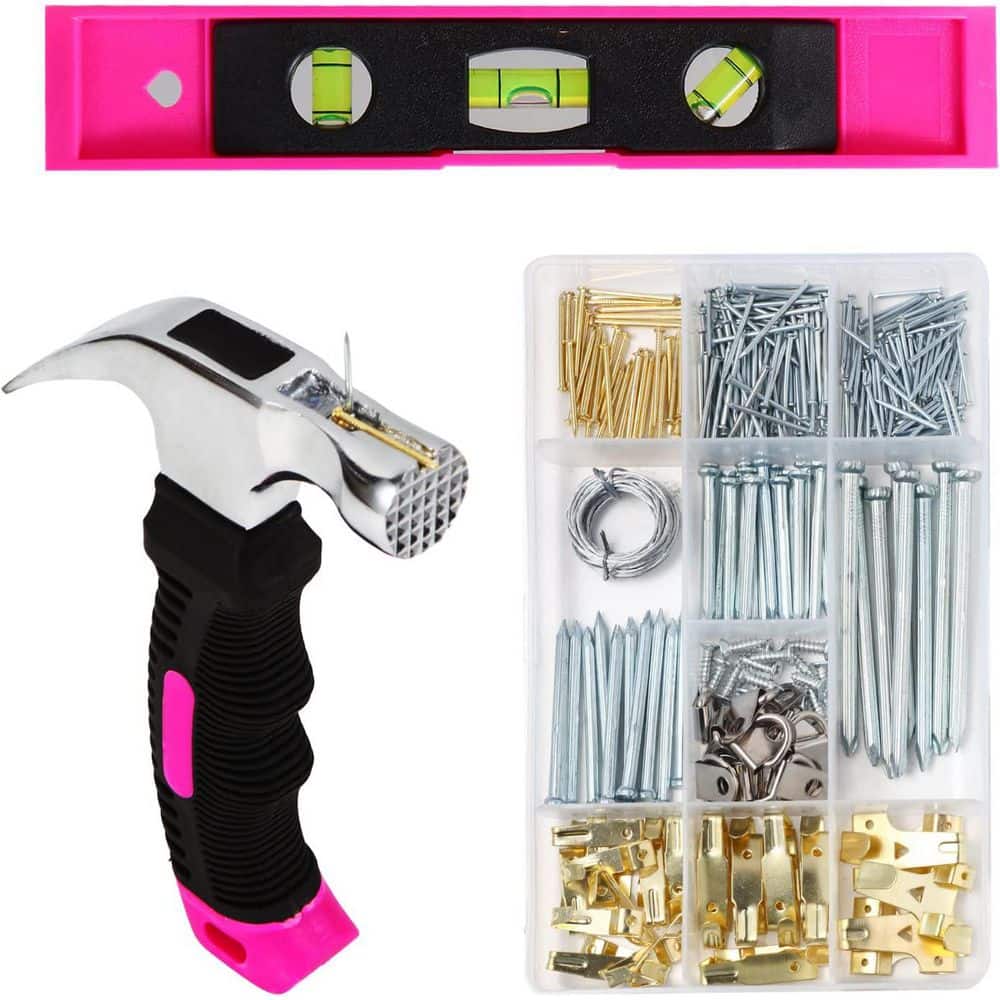 Adrinfly Pink Magnetic Picture Hanging Kit with Hooks, Wire, Nails, D Ring, Level and Hammer for Home Decor 315pcs (1)