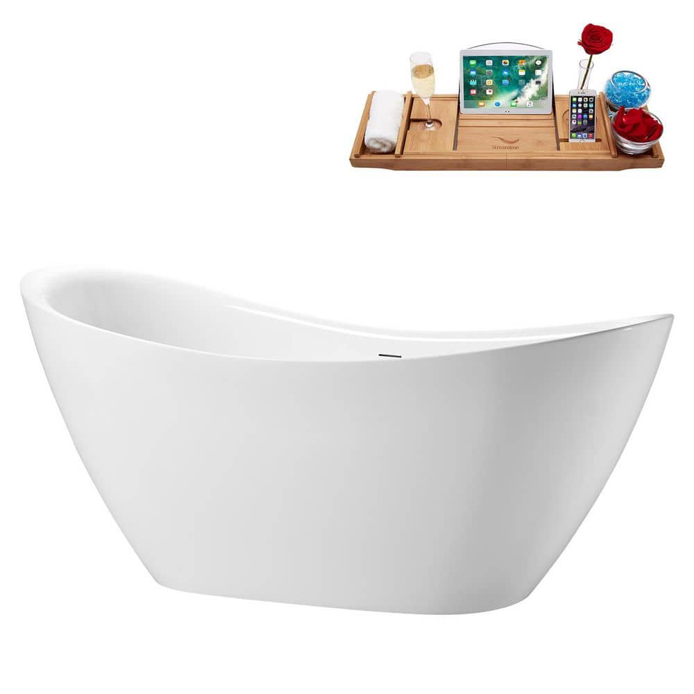 Streamline 63 in. x 30 in. Acrylic Freestanding Soaking Bathtub in Glossy White With Matte Black Drain (2)