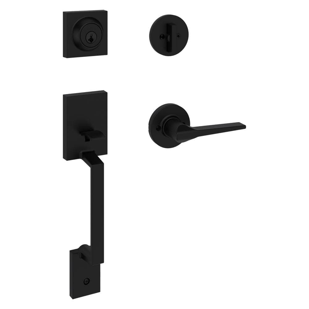 Kwikset Amador Matte Black Entry Door Handleset with Round Rose Hollis Handle Featuring SmartKey Security