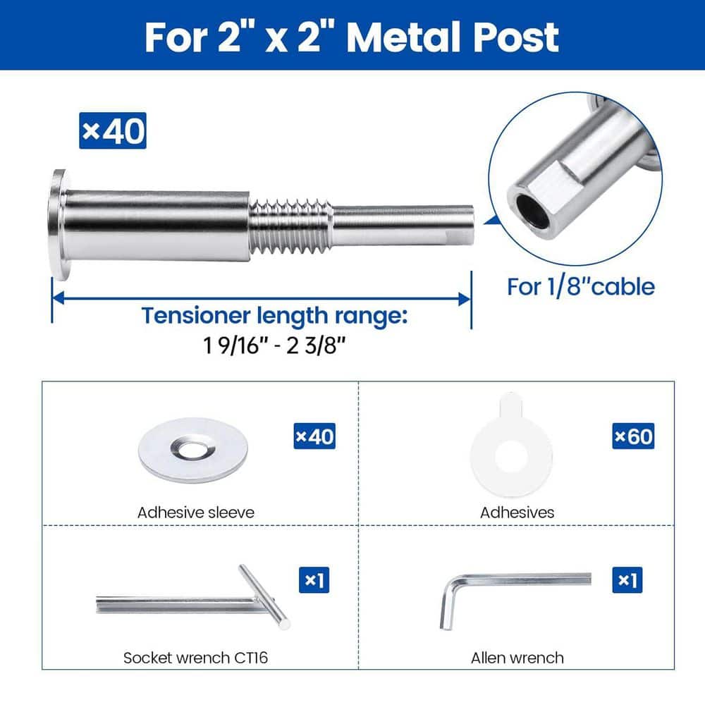 Afoxsos 40 Pack 1/8 in.  Invisible Cable Railing Kit with Hand Swage Tensioner for 2 in. x2 in.  Metal Post (2)