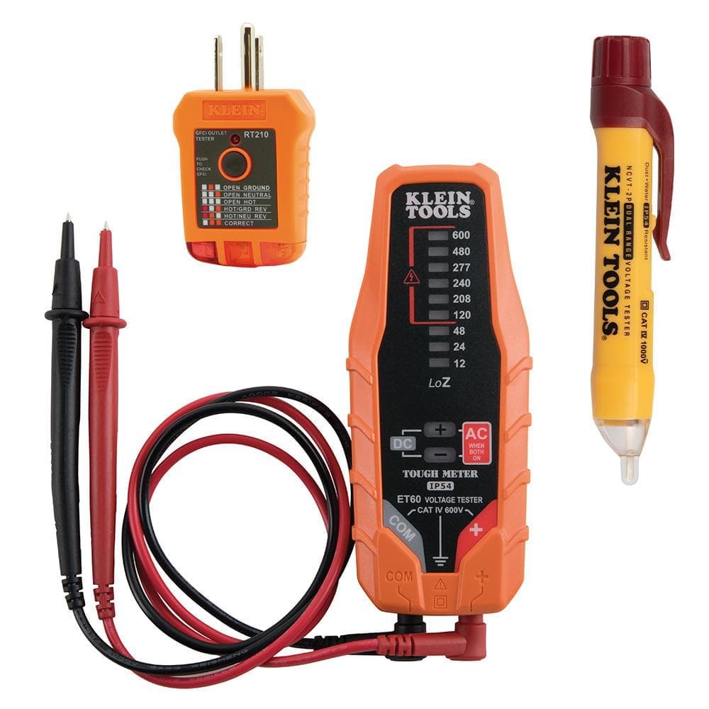 Klein Tools 3-Piece AC/DC Voltage Tester, 12V-1000-Volt AC Dual Range Non-Contact Voltage Tester & GFCI Receptacle Tester Tool Set