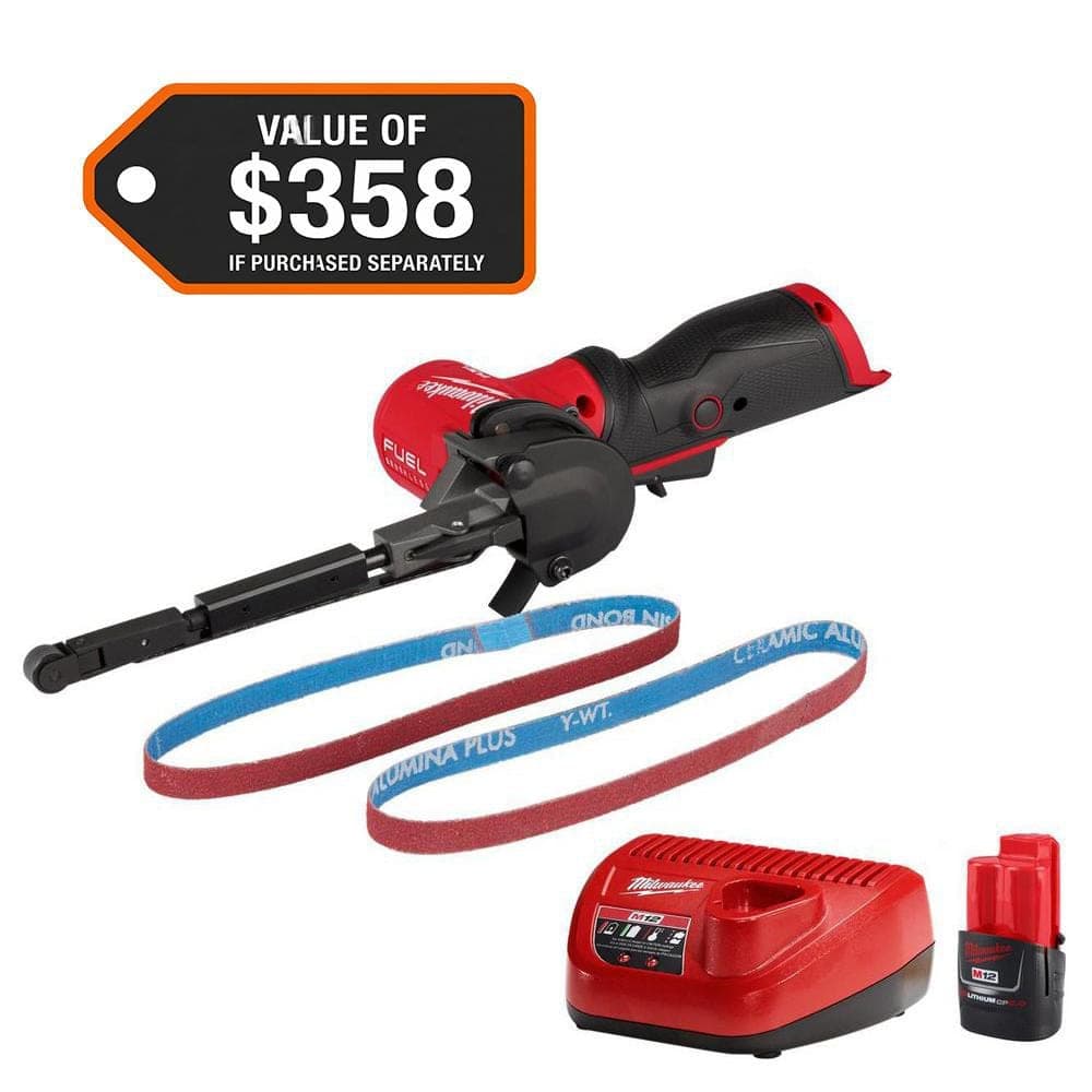 Milwaukee M12 FUEL 12V Lithium-Ion Cordless 1/2 in. x 18 in. Bandfile & M12 12-Volt Lithium-Ion Battery Pack 2. 0Ah Starter Kit