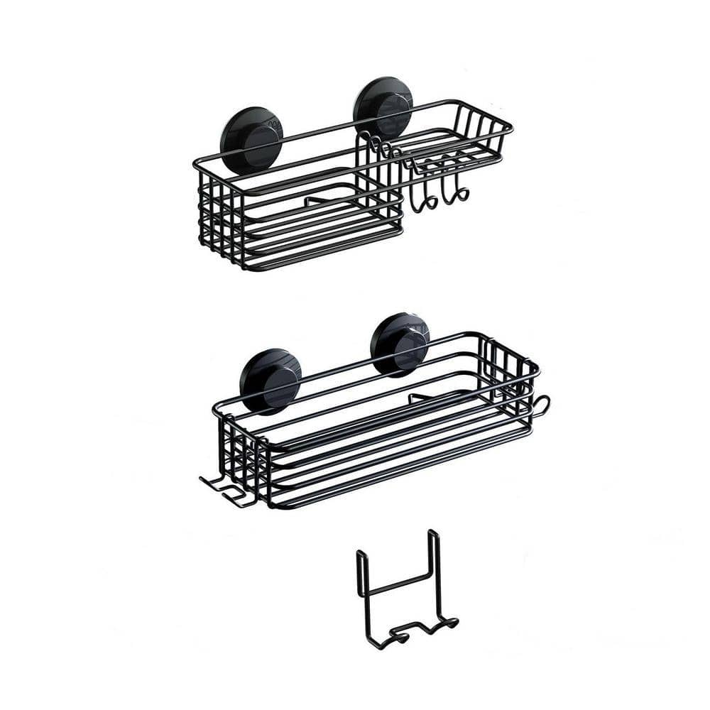 Unbranded 12.09 in. L 4.45 in. H Stainless Steel Suction Mounted Shower Shelf in Black Rustproof Fast Draining Hooks Soap Holder