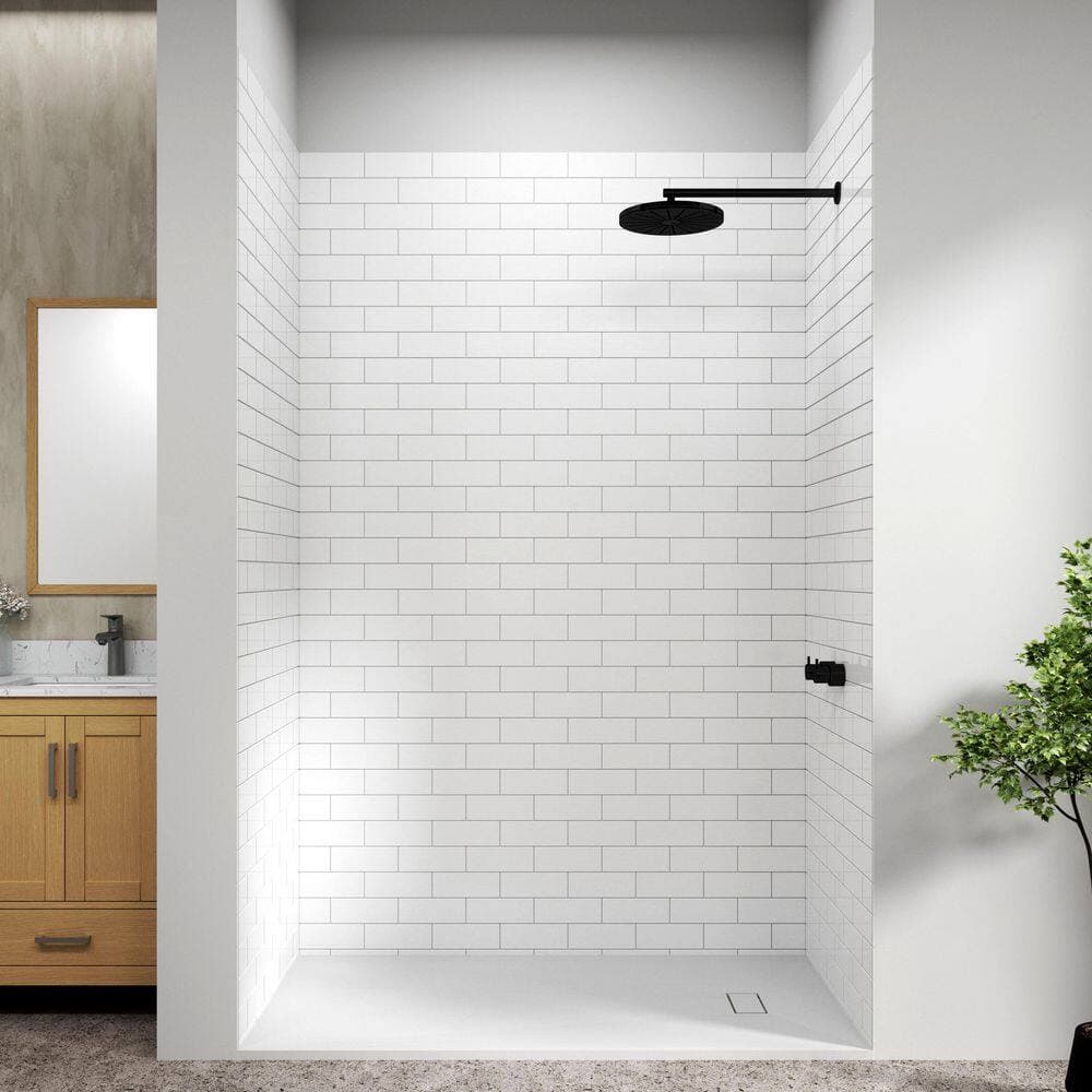 MEDUNJESS 60 in. L x 32 in. D x 96 in. H 3-Piece Glue Up Composite Alcove Shower Wall Set in White (2)