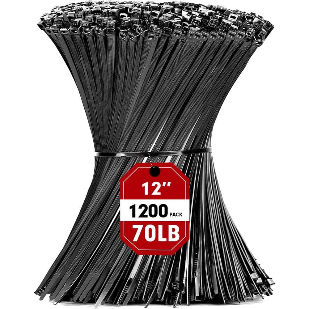 Ahfiwaso 1200PCS 12 in. Heavy Duty UV Resistant Nylon Cable Zip Ties with 70lb Tensile Strength for Indoor and Outdoor Use, Black